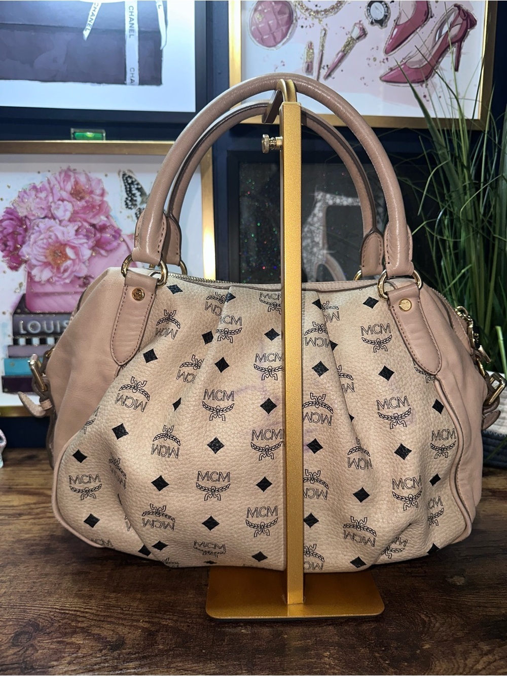 MCM Pink Logo Visetos Dome Satchel with Gold Plaque - Picture 3 of 16